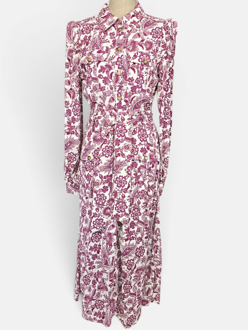 Sezane Letizia Dress 36 (US 4 S ) Paisley Floral Midi Shirt Dress Button Down